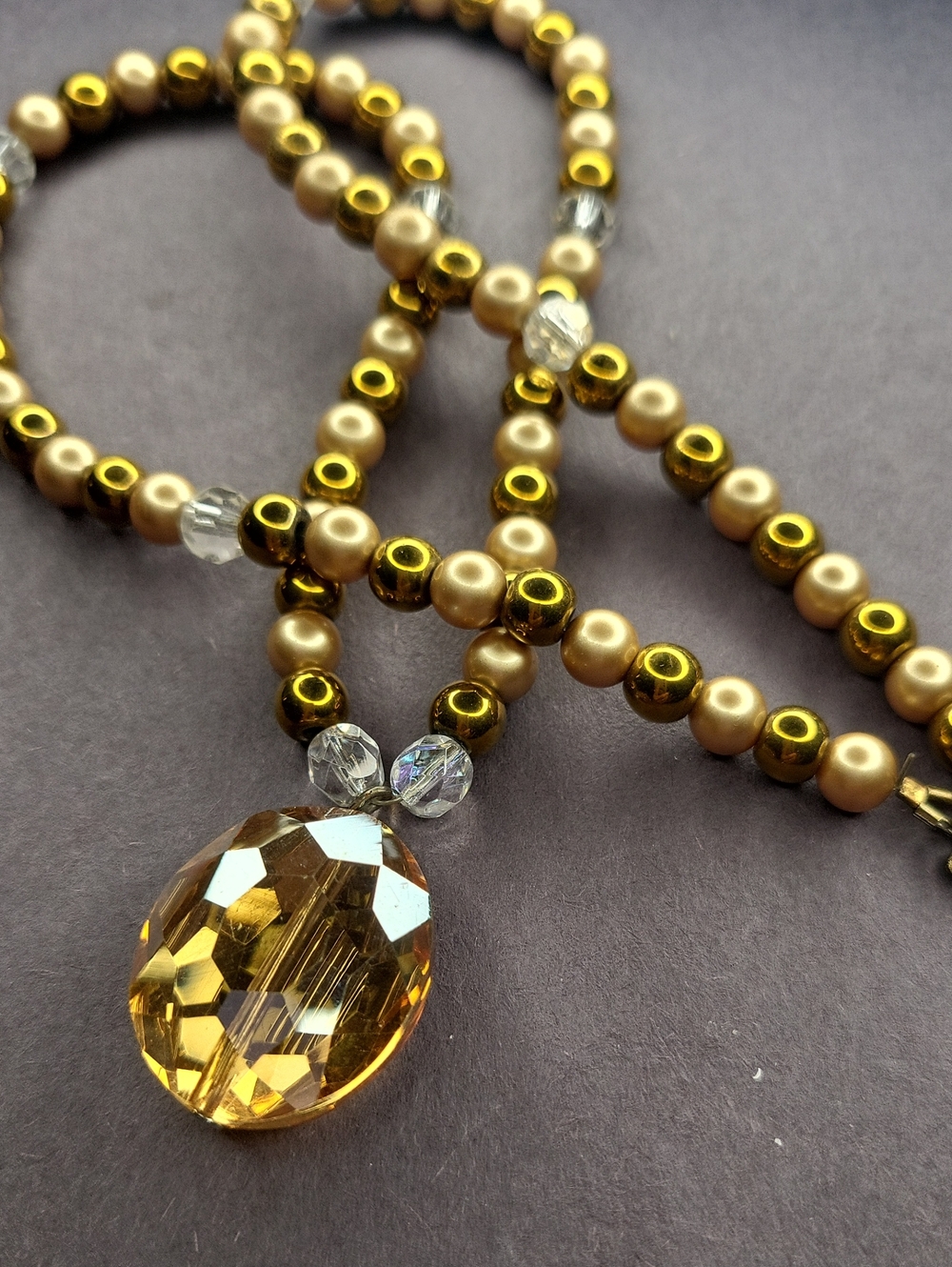 Gold Bead Necklace with Amber Crystal Pendant